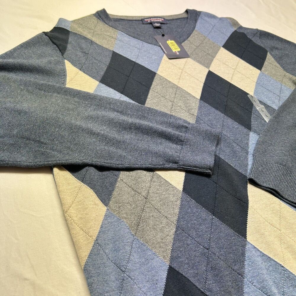 Old Money Round tree & Yorke Vest V-Neck Argyle Sweater Vest Blue & White Sz L